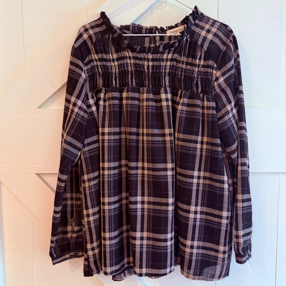 Indigo Soul Women’s Black & Cream Plaid  Blouse Large Smocked Boho Baggy Lined